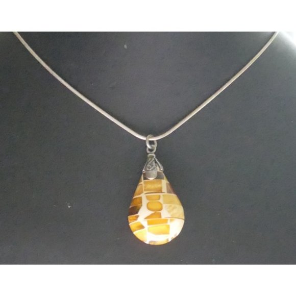 Mosaic Amber Pendant With Embedded Insects Sterling Silver On Sterling Chain - Picture 3 of 13